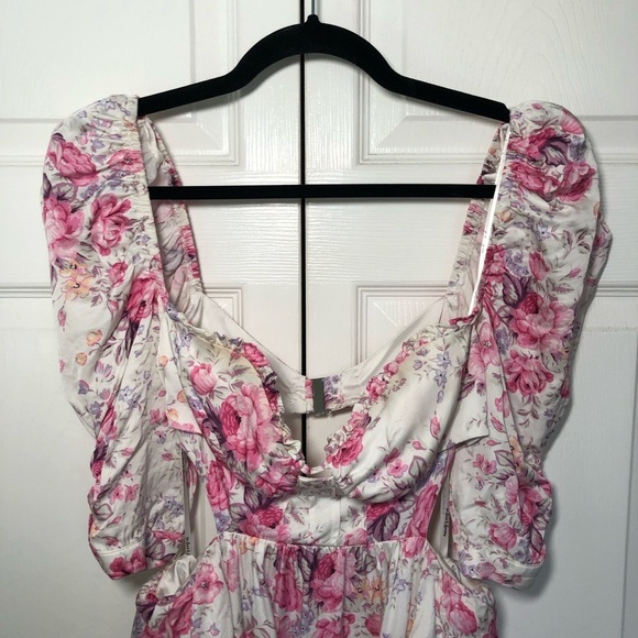 For Love & Lemons White and Pink Floral Lucia Mini Dress Size L - Picture 6 of 14